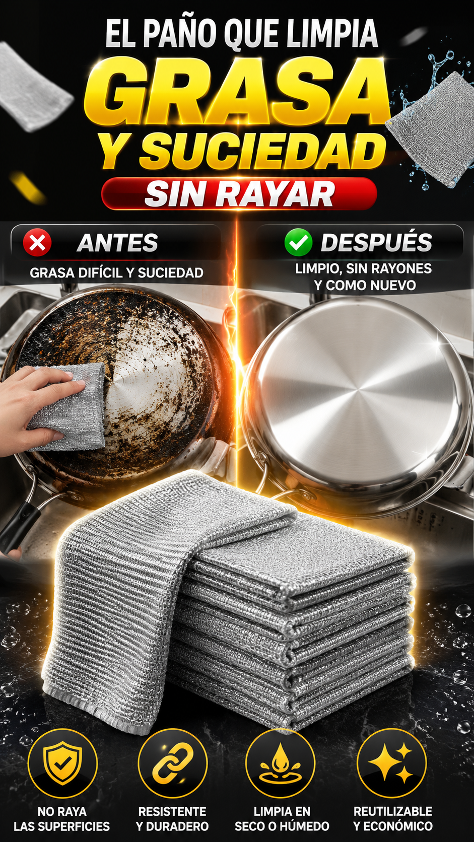 Paños de Cocina de Malla Metálica Multiusos — Limpieza profunda sin rayar