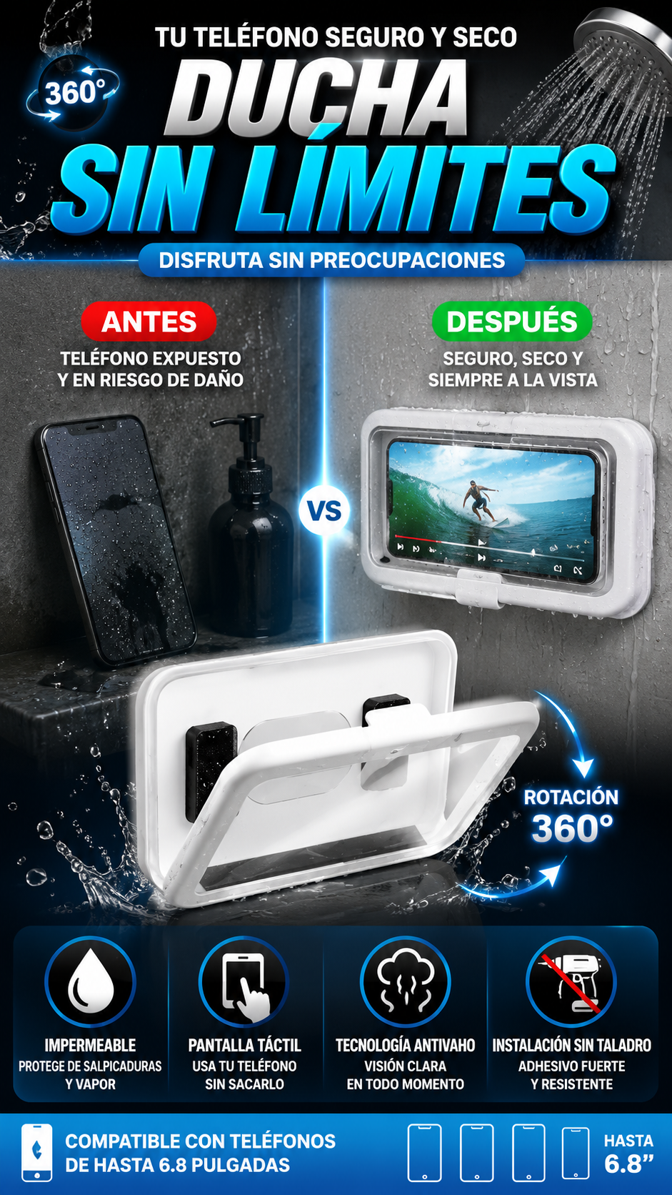 Soporte Impermeable para Teléfono de Ducha — Usa tu teléfono con comodidad