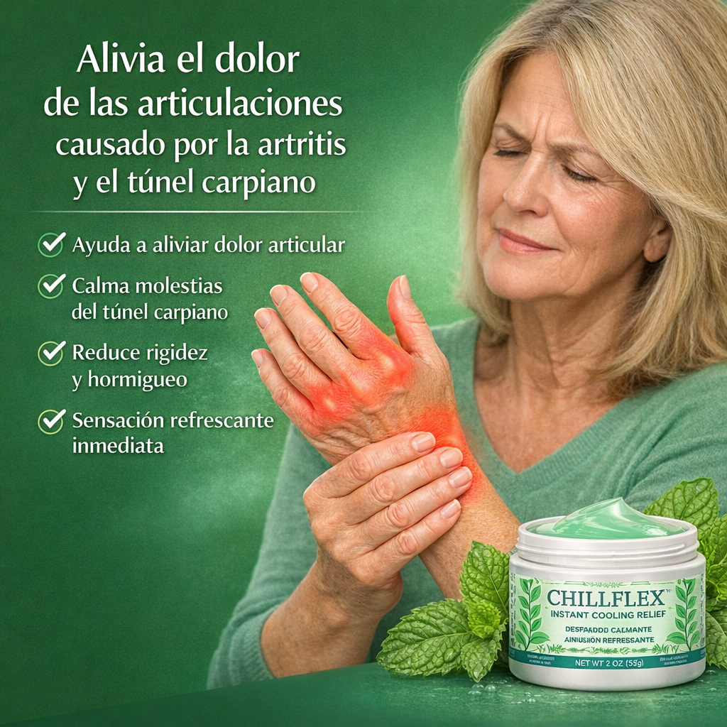 CHILLFLEX™ Gel Calmante | Alivio refrescante para dolor articular, artritis y túnel carpiano contiene, Mentol, Flor Árnica, Aceite de almendra.