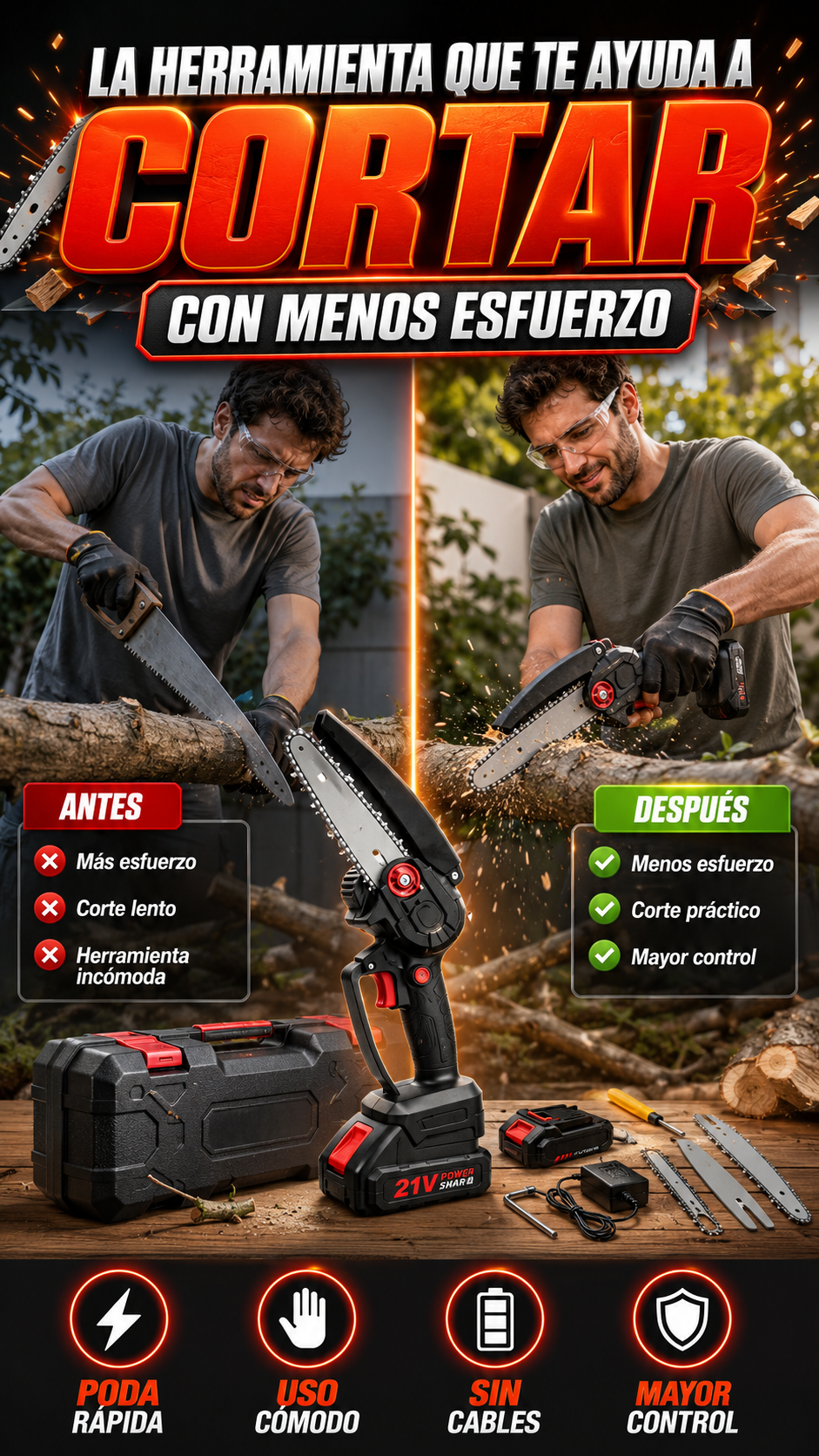 Mini Motosierra Inalámbrica de 6 Pulgadas — Corta ramas con menos esfuerzo