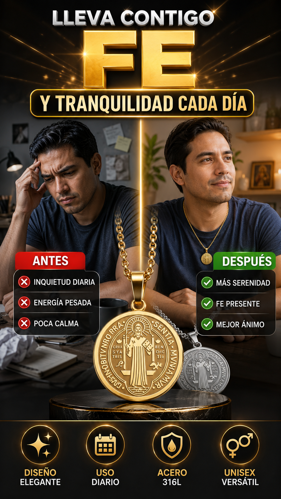 Collar Medalla de San Benito de Acero Inoxidable 316L — Lleva tu fe siempre contigo