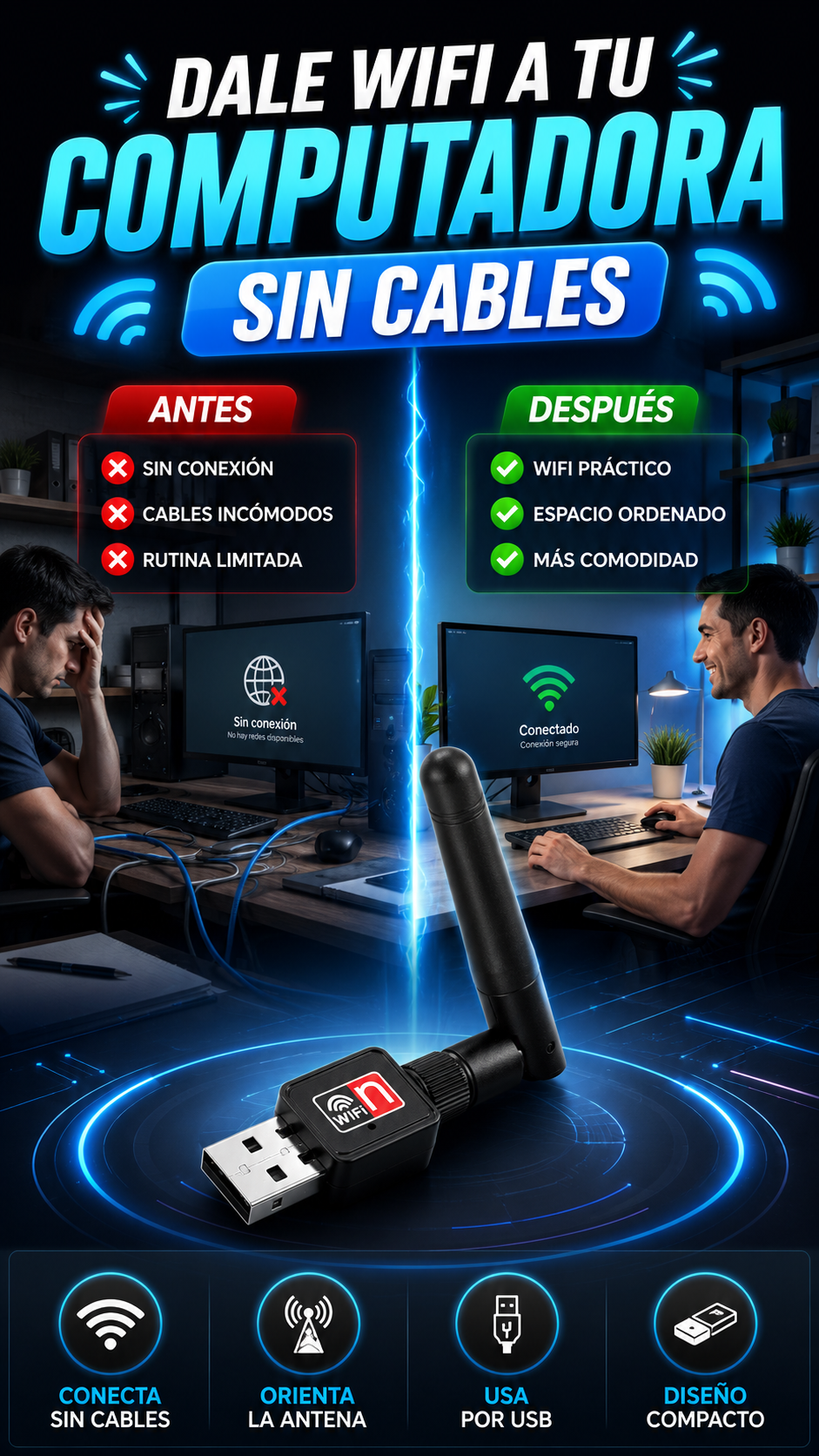 Adaptador USB WiFi 802.11n con Antena Desmontable — Conecta tu computadora sin cables