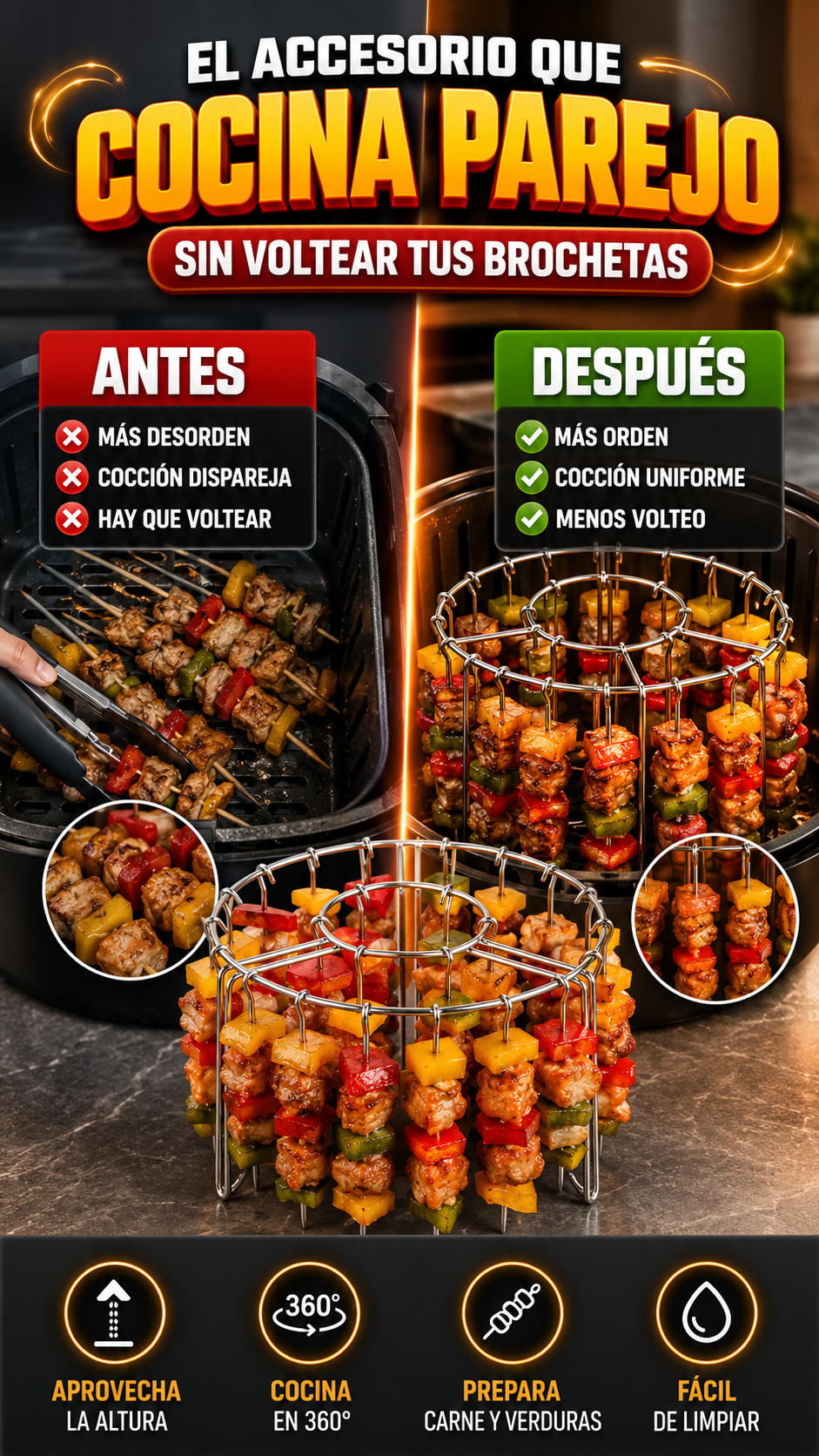 Soporte Vertical de Acero Inoxidable para Brochetas en Freidora de Aire