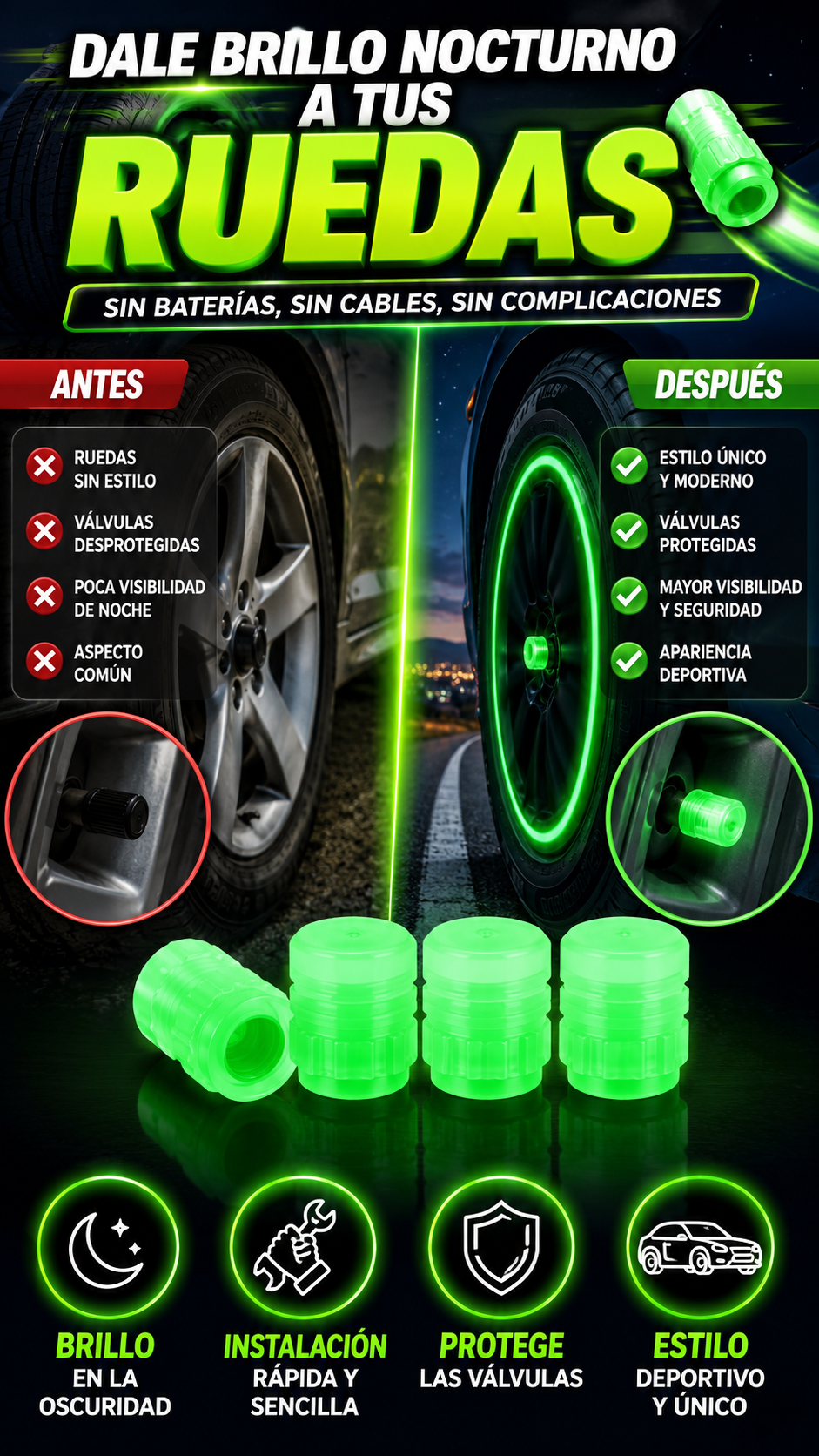 Tapones Fluorescentes Universales para Válvulas — Dale brillo nocturno a tus ruedas