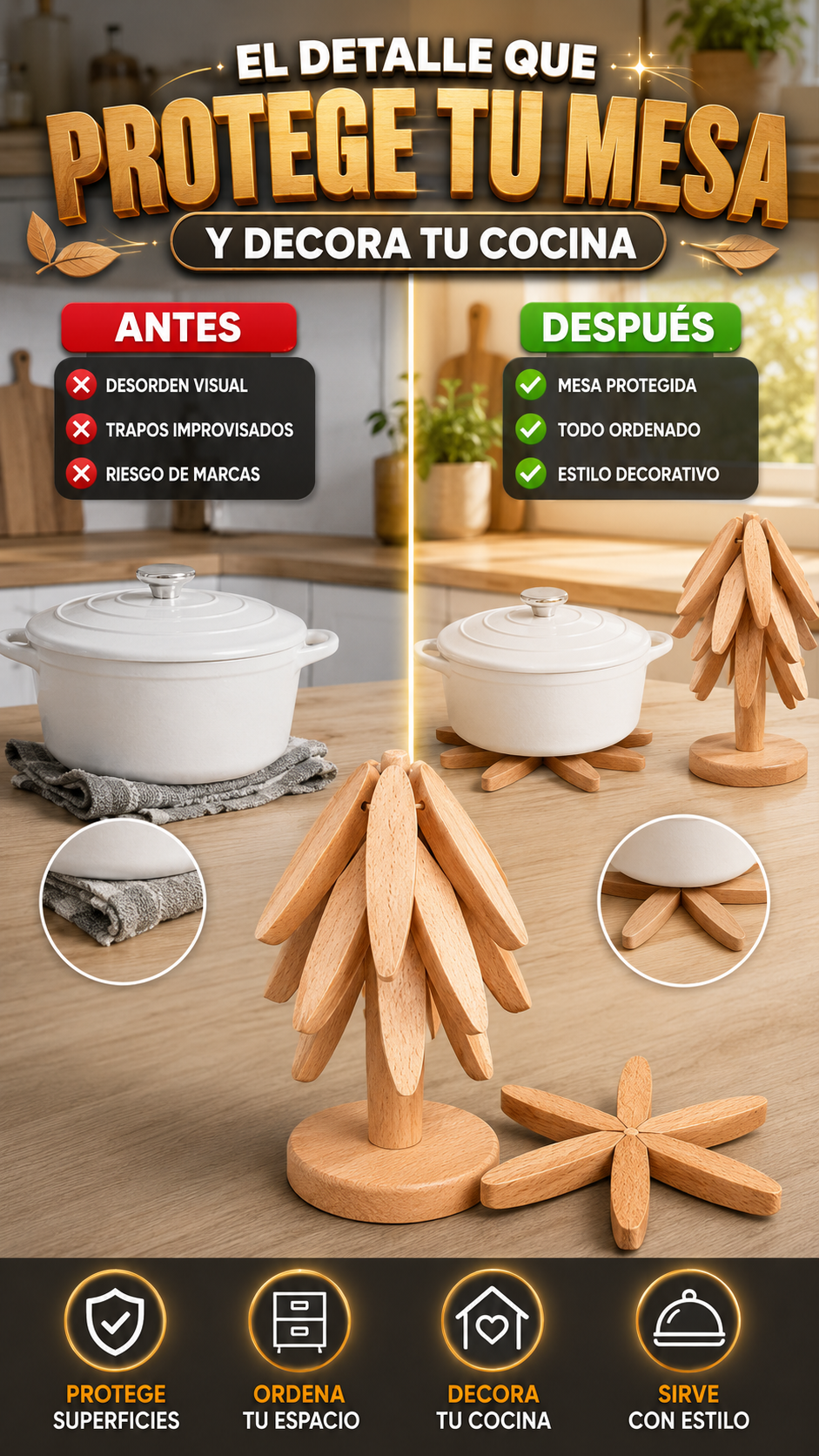 Juego de Salvamanteles de Madera Plegables con Soporte — Protege y decora tu mesa