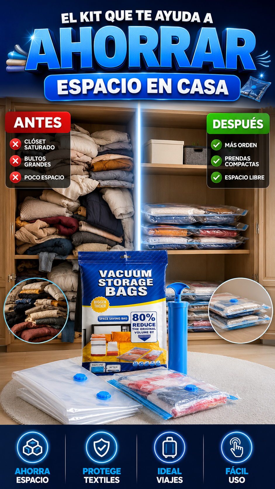 Pack Bolsas de Almacenamiento al Vacío — Ahorra espacio y protege tu ropa