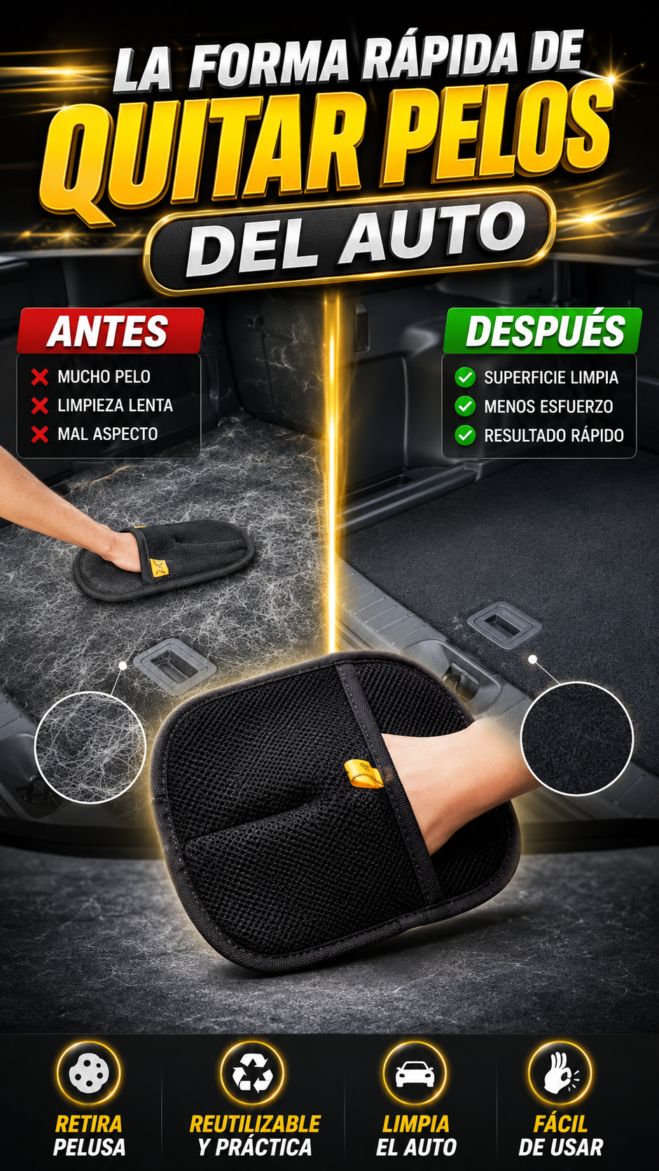 Manopla Reutilizable Quita Pelos — Limpia tu auto con facilidad