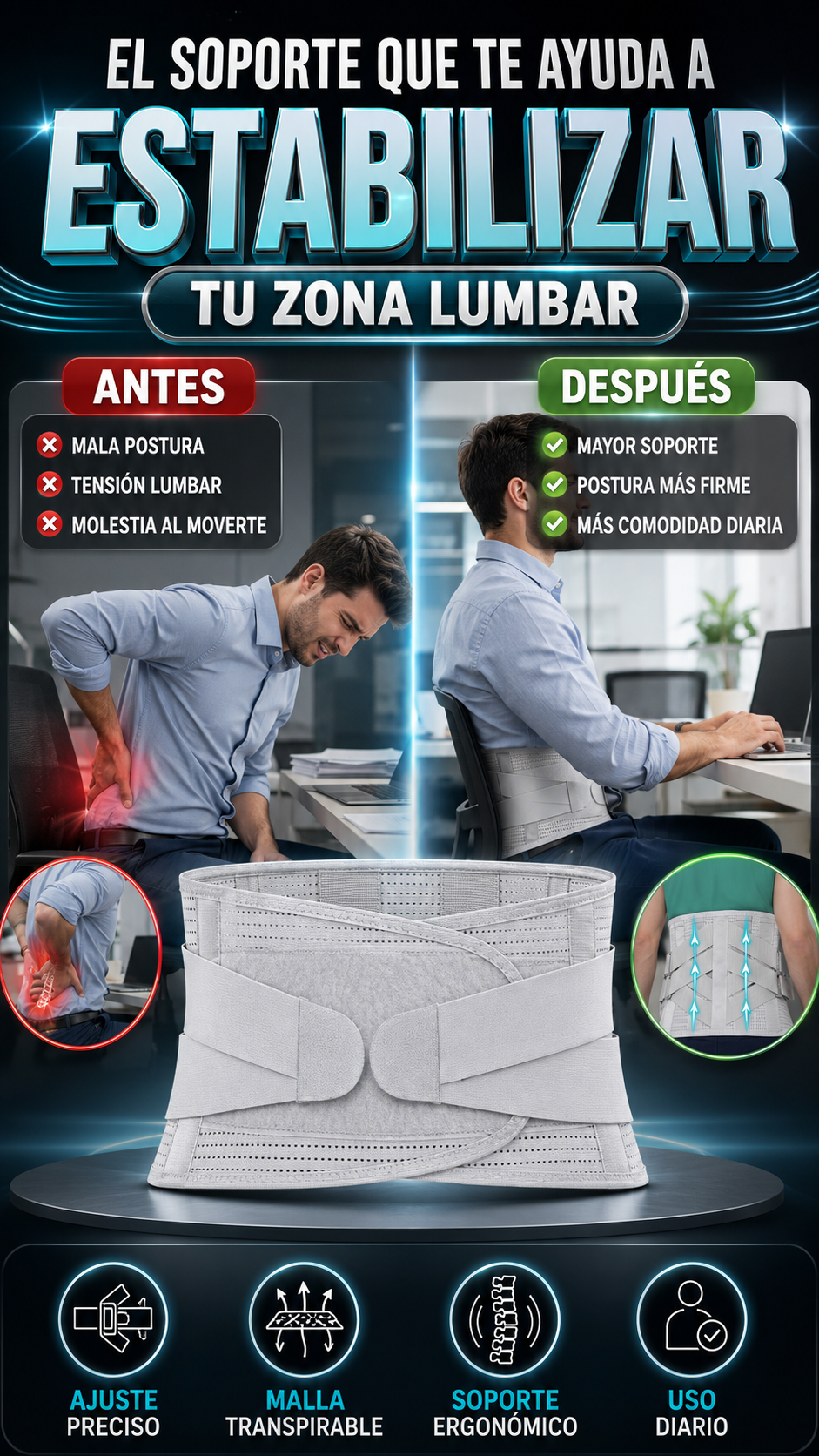 Faja Lumbar Ortopédica de Doble Tracción Ajustable — Mayor soporte para tu espalda