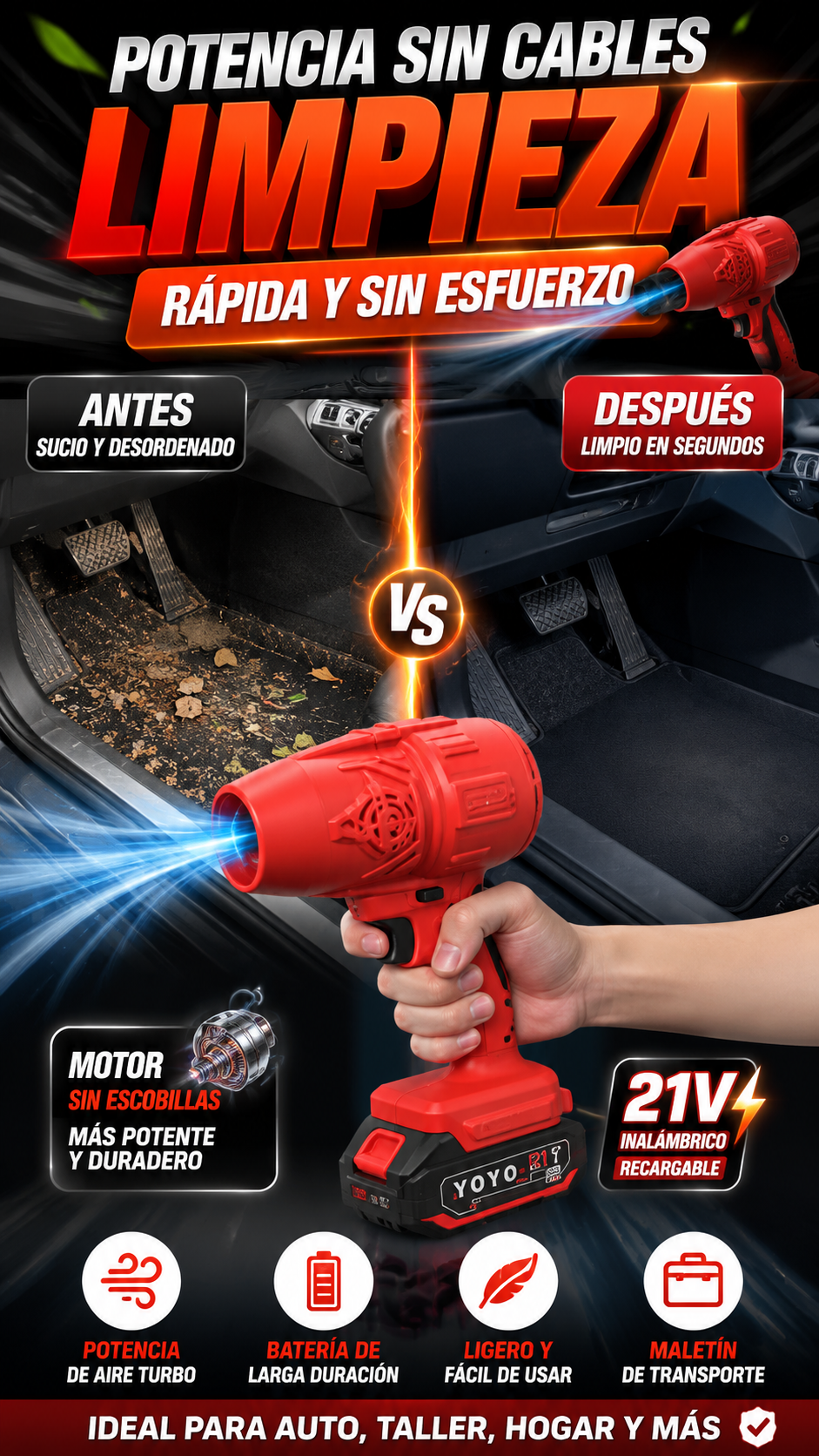 Soplador Inalámbrico de 21V — Limpieza rápida en diferentes espacios