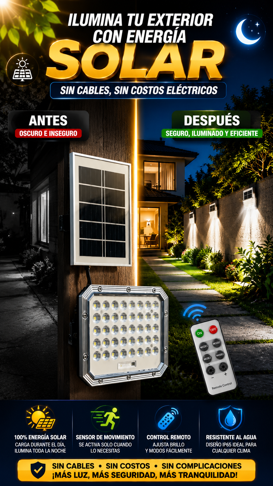 Reflector LED Solar para Exteriores — Ilumina sin aumentar tu consumo eléctrico