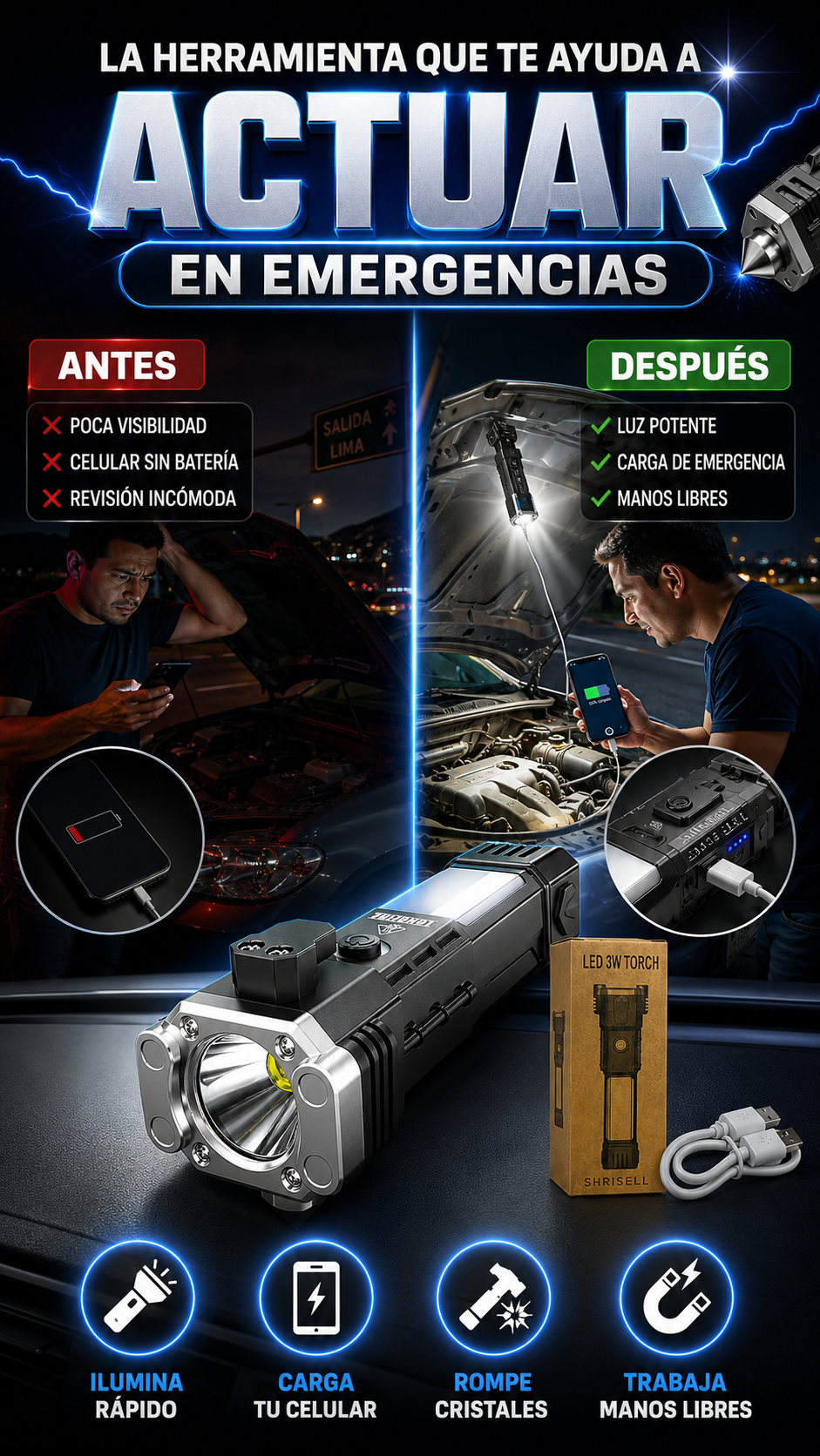 Linterna Táctica Recargable con Martillo de Emergencia 8 en 1