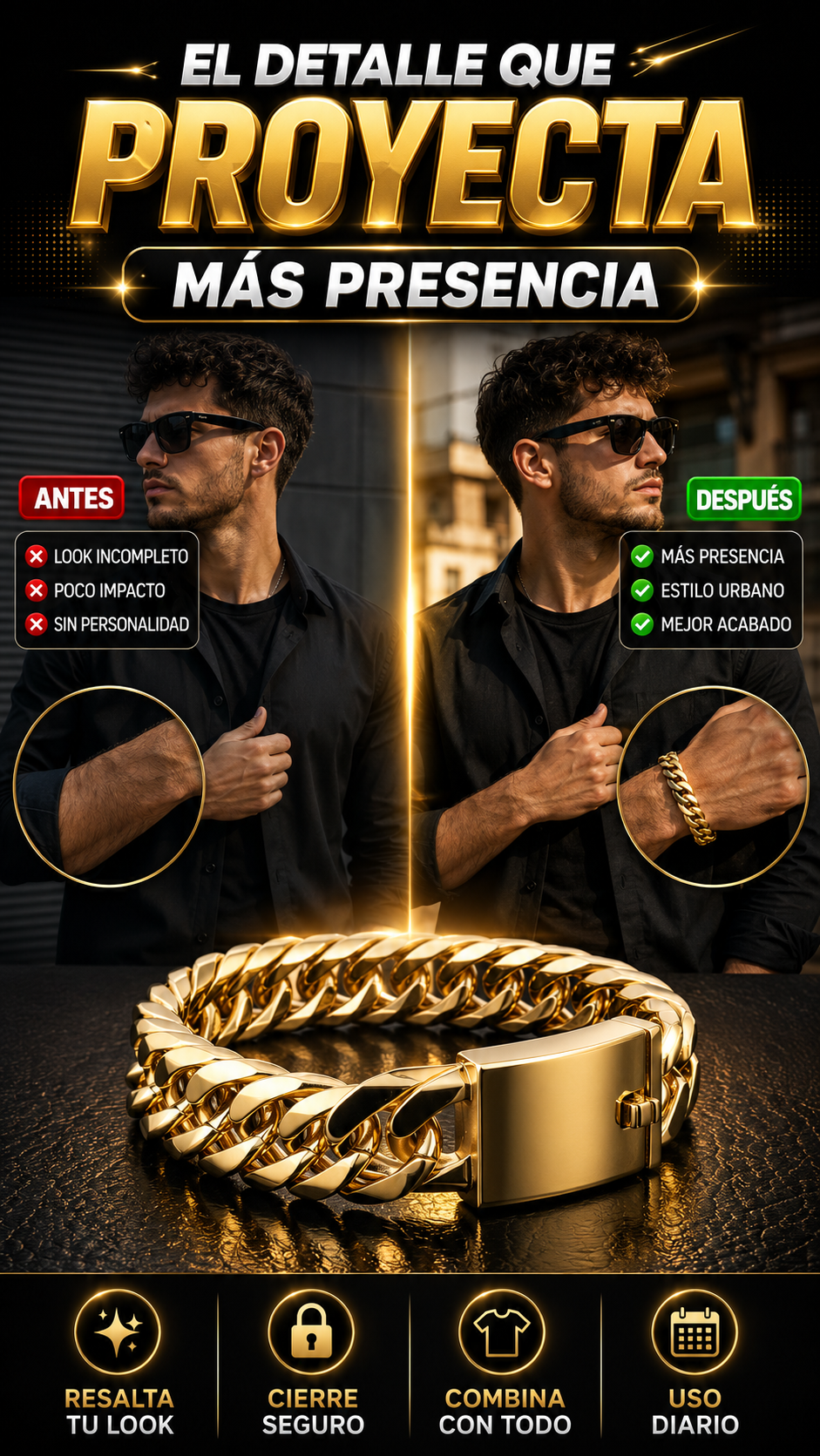 Pulsera Cubana Miami para Hombre de 14–16 mm — Proyecta presencia en cada look