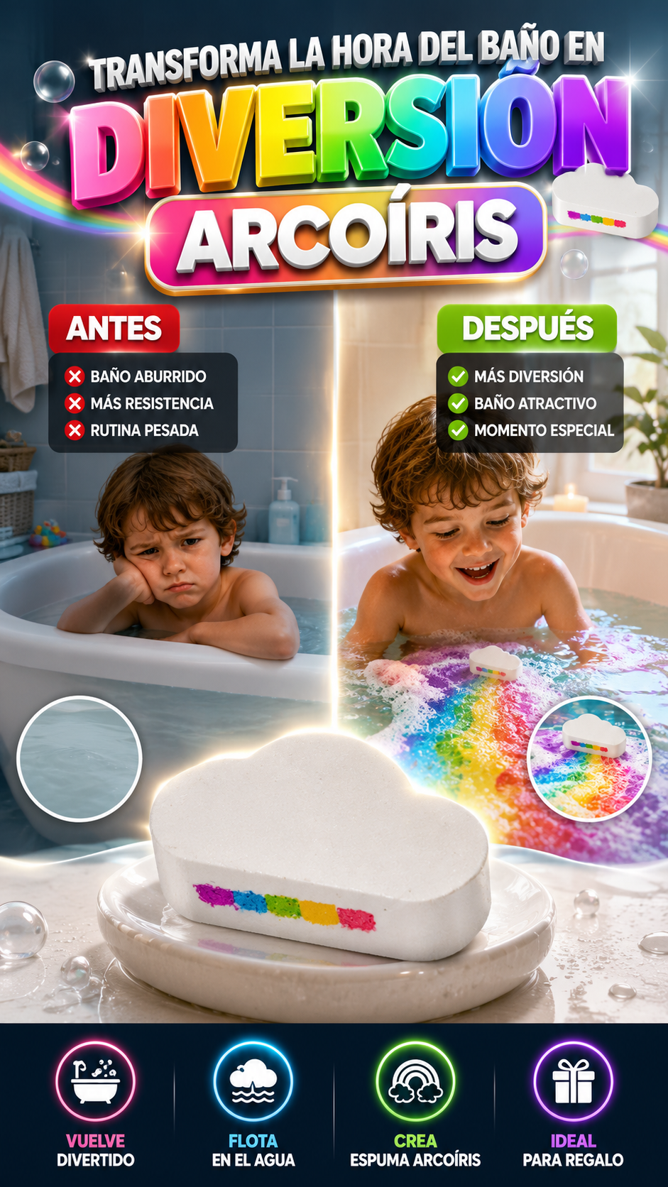 Bomba de Baño Efervescente con Efecto Arcoíris — Convierte el baño en diversión