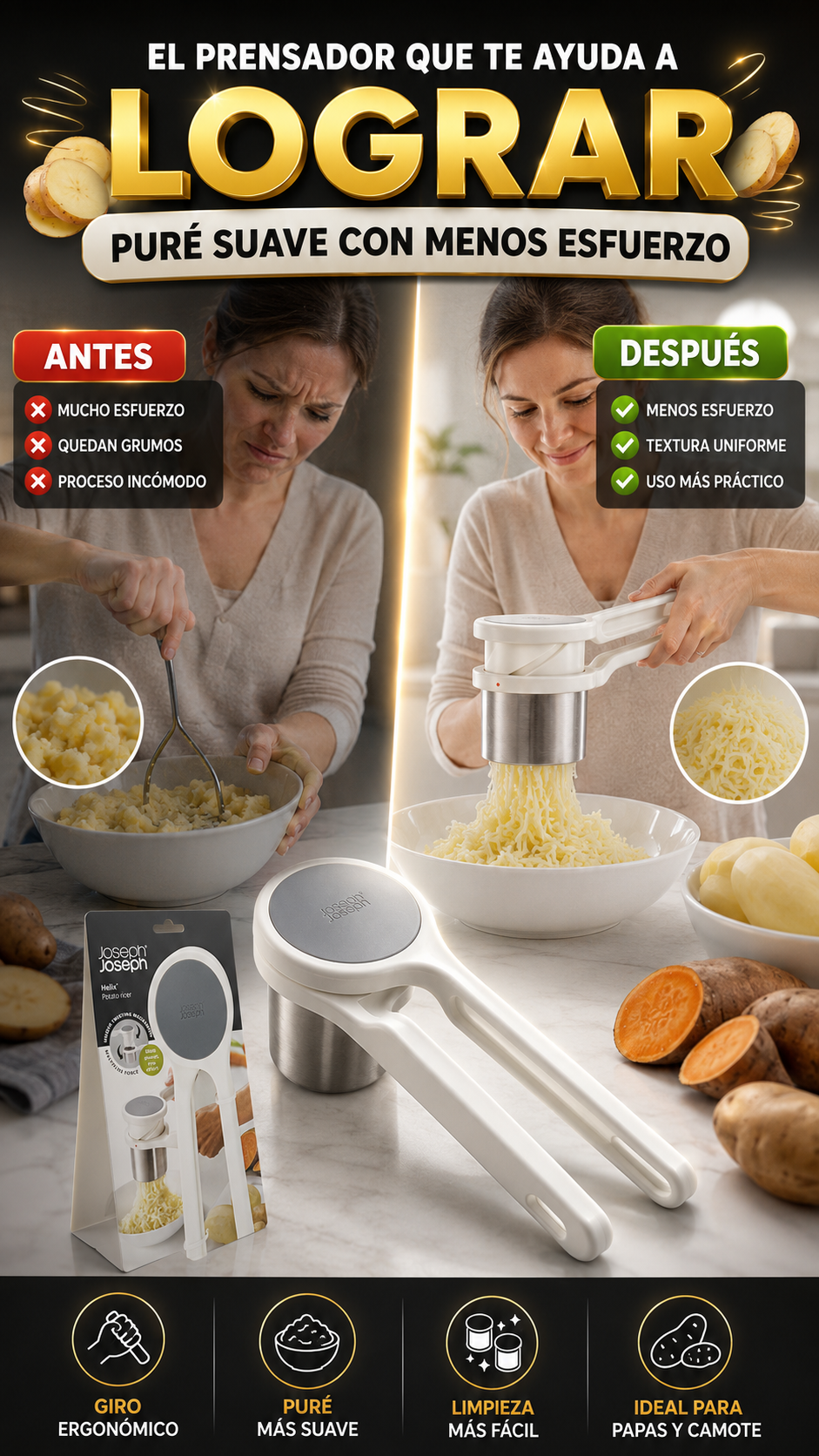 Prensador de Papas Helix Joseph Joseph — Puré suave con menos esfuerzo