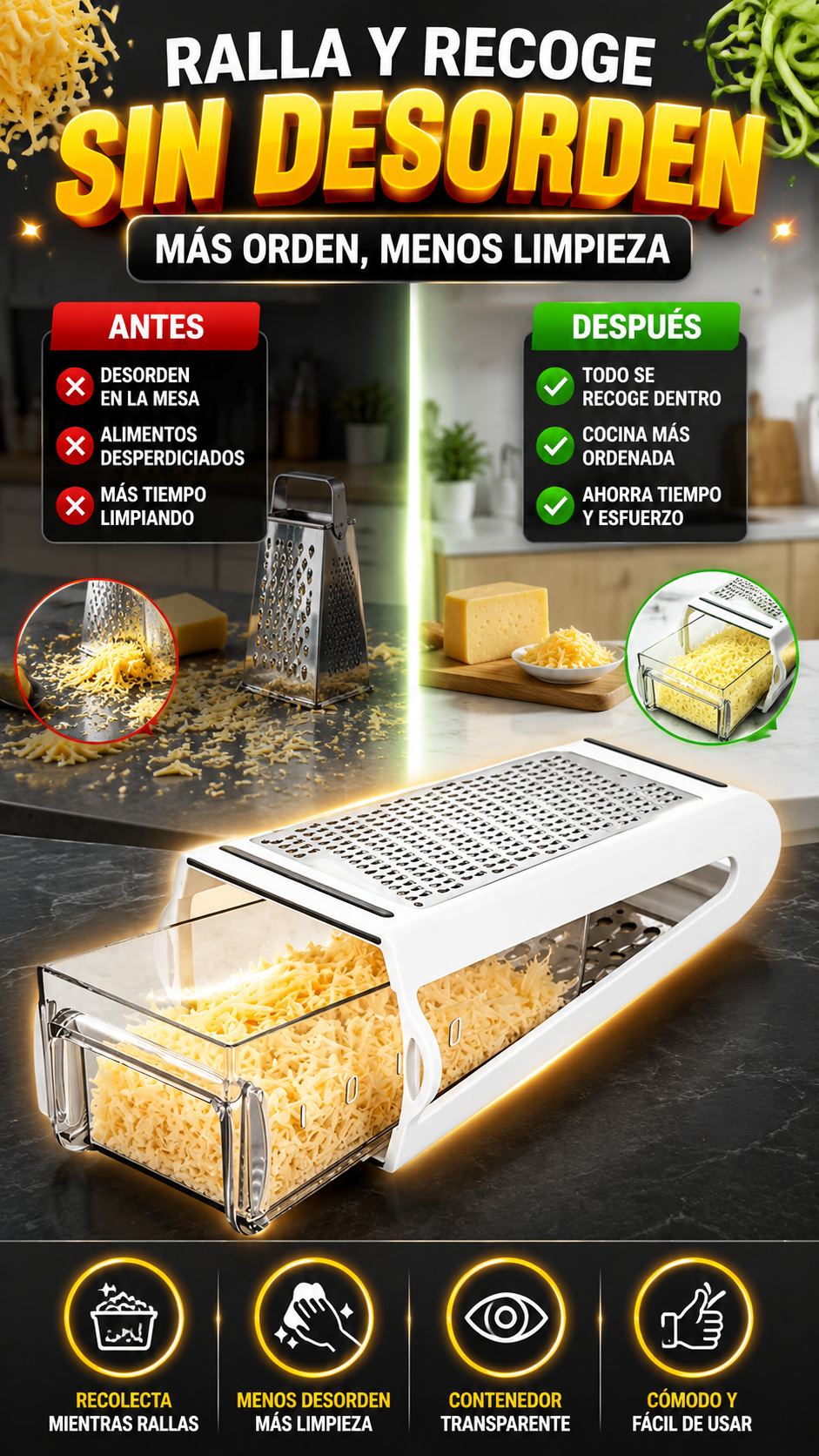Rallador de Queso y Verduras con Contenedor Deslizable — Ralla y recoge sin desorden