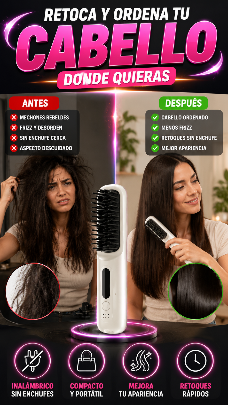 Cepillo Alisador Inalámbrico — Ordena tu cabello donde estés