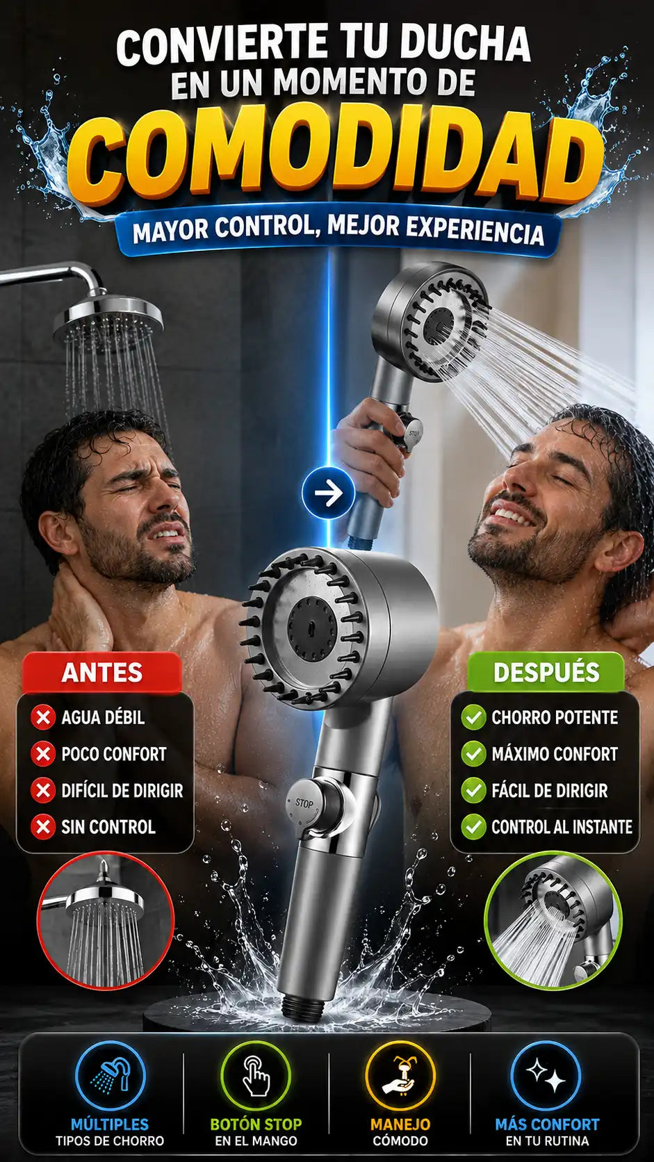 Cabezal de Ducha de Mano — Disfruta un baño más cómodo