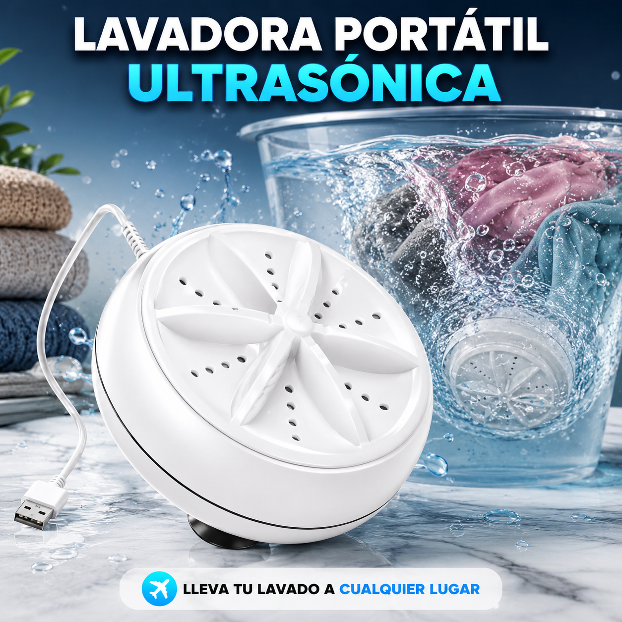 Lavadora Portátil de Turbina Ultrasónica USB — Lava prendas ligeras con facilidad