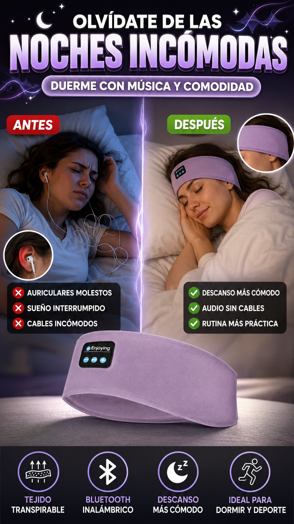 Diadema con Auriculares Inalámbricos — Escucha con mayor comodidad