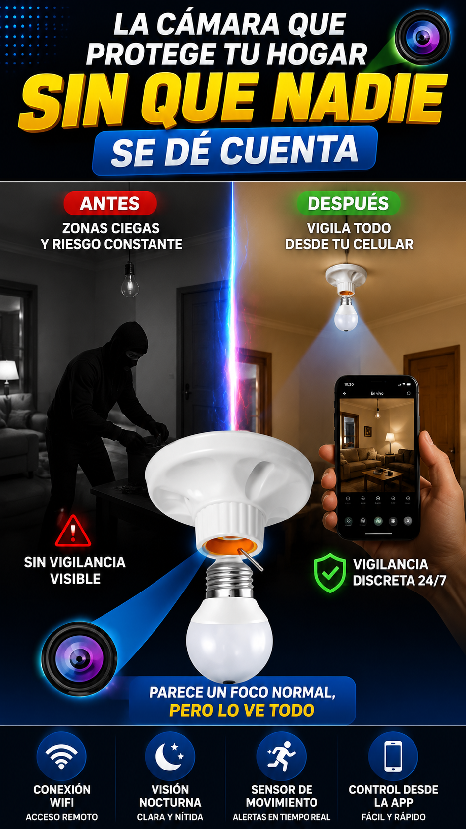 Cámara de Seguridad WiFi para Socket E27 — Vigila tu hogar desde el celular
