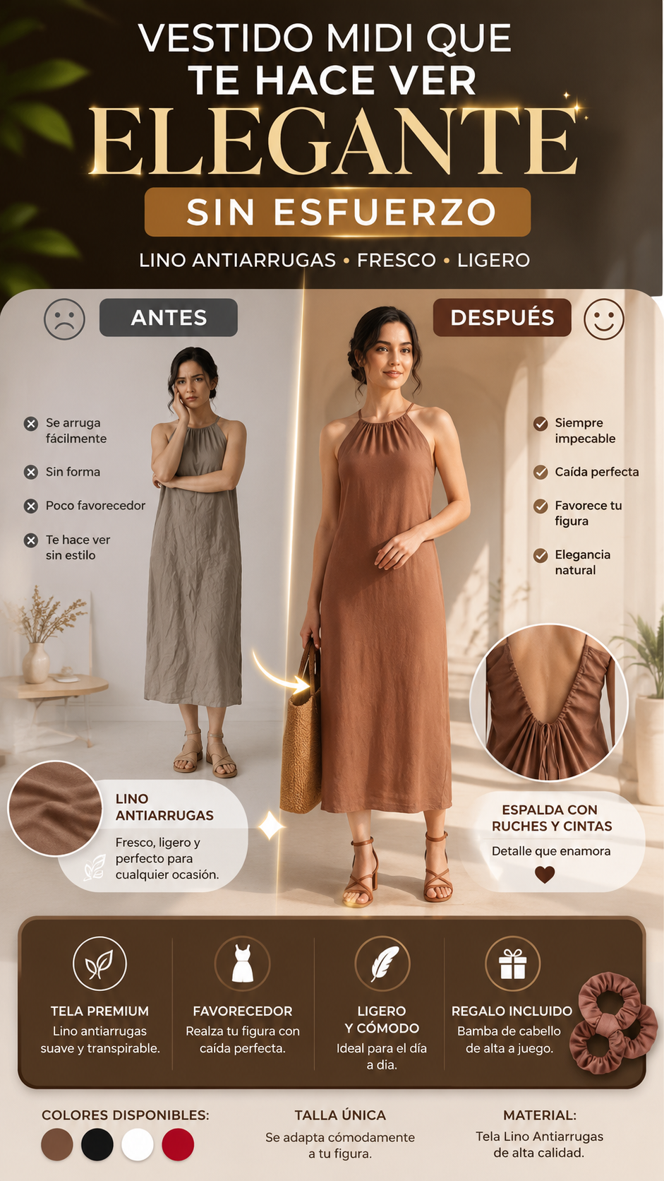 Vestido Midi de Cuello Halter — Elegancia cómoda con menos arrugas