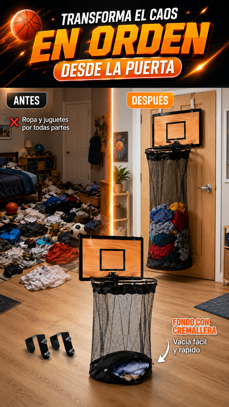 Cesta de Lavandería con Aro de Baloncesto — Organiza aprovechando mejor el espacio