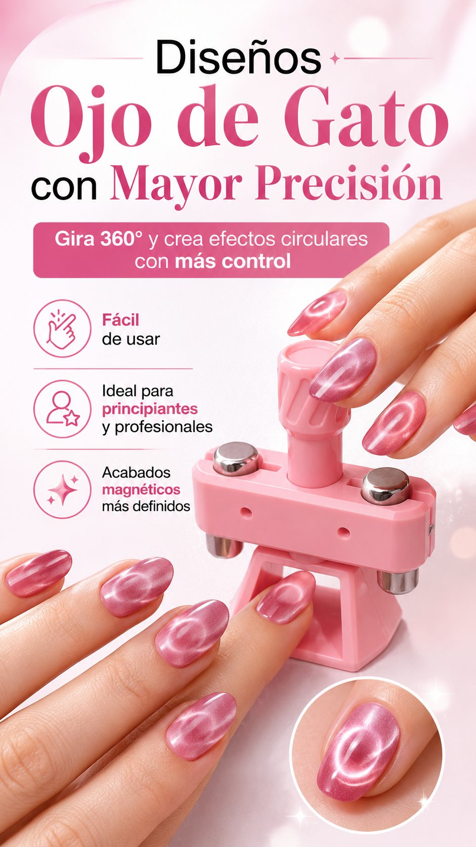 Herramienta Magnética Giratoria 360° para Uñas — Crea efectos ojo de gato precisos