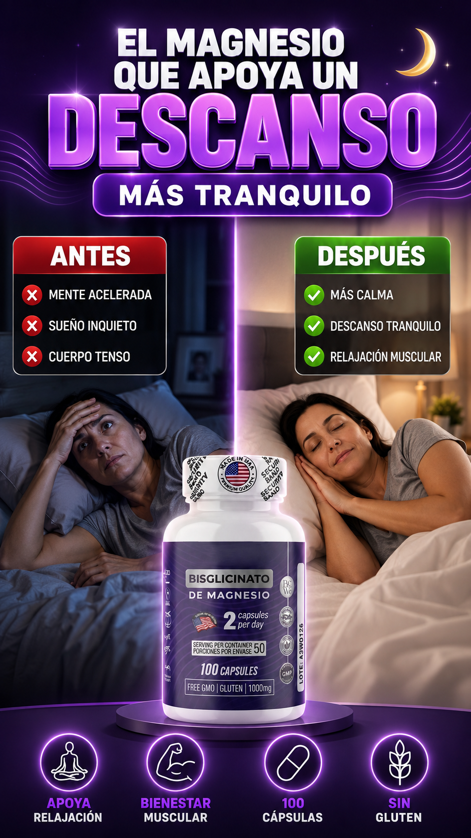 Bisglicinato de Magnesio en Cápsulas — Apoya tu relajación y descanso