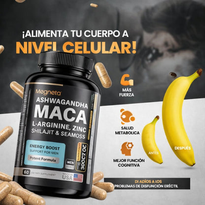 Maca Plus+ 60 cápsulas | Recupera tu potencia y energía en la cama, en 2 semanas. Contiene: MACA + ASHWAGANDHA + SHILAJIT + L-ARGININA + SEAMOSS + ZINC.