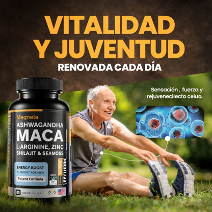 Maca Plus+ 60 cápsulas | Recupera tu potencia y energía en la cama, en 2 semanas. Contiene: MACA + ASHWAGANDHA + SHILAJIT + L-ARGININA + SEAMOSS + ZINC.
