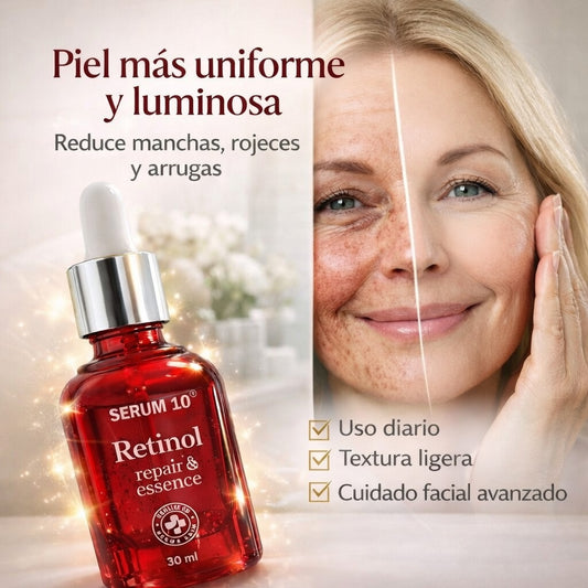 RETINOL SERUM 10™ | Transforma tu piel: adiós manchas, adiós rojeces, adiós arrugas ¡Resultados que se ven YA! Contiene 30ml