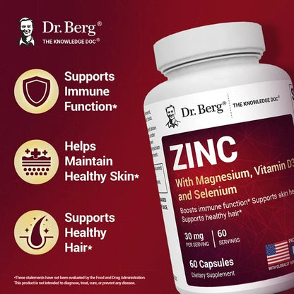 Zinc con Magnesio, Vitamina D3 y Selenio – 30 mg de Zinc – 60 cápsulas vegetales