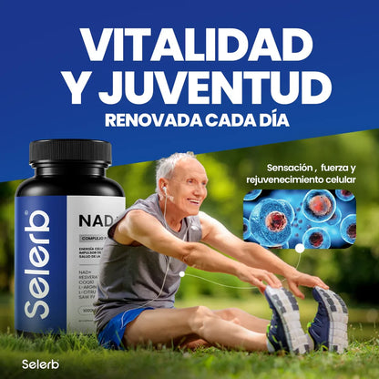 Selerb NAD+ 60 cápsulas | Recupera tu potencia y energía en la cama, en 2 semanas. Contiene: NAD+, RESVERATROL, COQ10, L-ARGININA, L-CITRULINA, SAW PALMETTO.