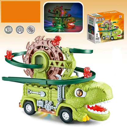 Juego de juguetes 2 en 1 de camión de dinosaurios iluminados – Rampa motorizada de rueda de la fortuna y coche de acrobacias, efectos LED de música, juego de construcción STEM para desmontar