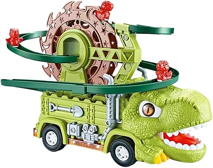 Juego de juguetes 2 en 1 de camión de dinosaurios iluminados – Rampa motorizada de rueda de la fortuna y coche de acrobacias, efectos LED de música, juego de construcción STEM para desmontar