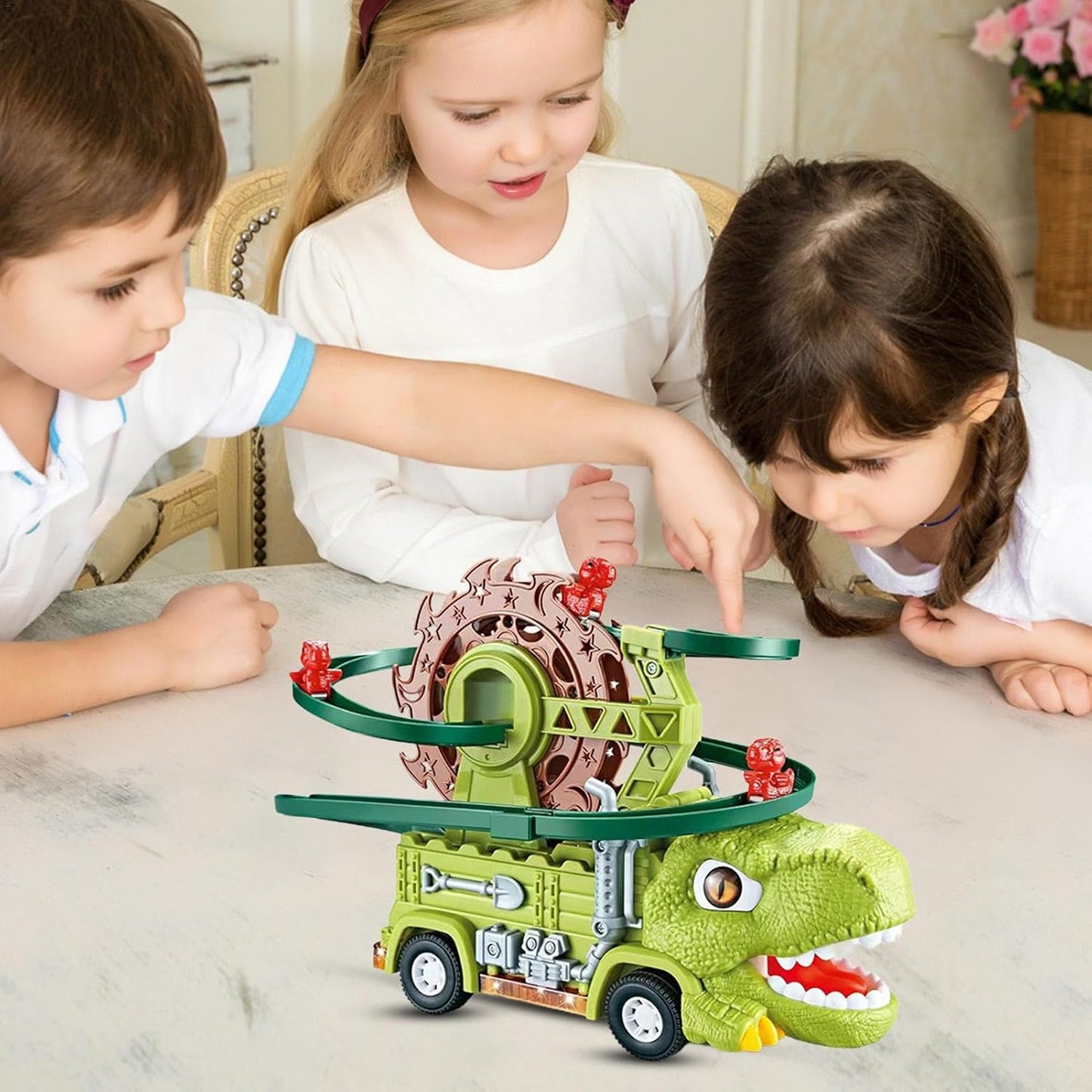 Juego de juguetes 2 en 1 de camión de dinosaurios iluminados – Rampa motorizada de rueda de la fortuna y coche de acrobacias, efectos LED de música, juego de construcción STEM para desmontar