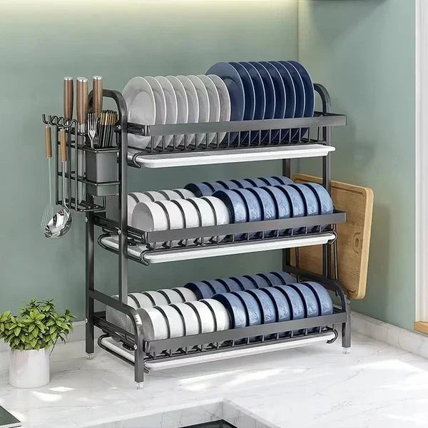 Escurridor de platos de cocina de 3 niveles, escurridor de platos con soporte para utensilios, escurridor de acero inoxidable 304 con estante para tabla de cortar, escurridor de platos para encimera