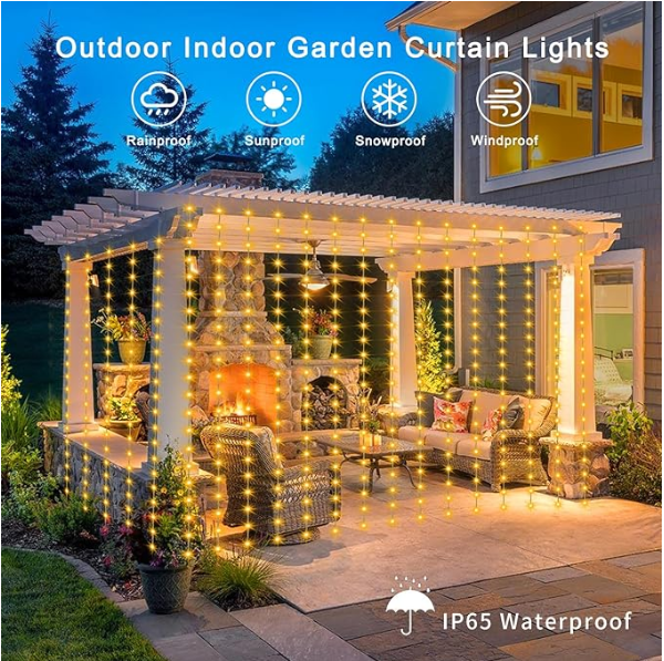 Cortina LED Ámbar con Panel Solar 3 x 3