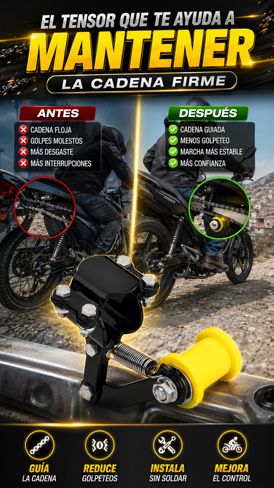 Tensor de Cadena Universal para Motocicleta con Rodillo Ajustable y Resorte