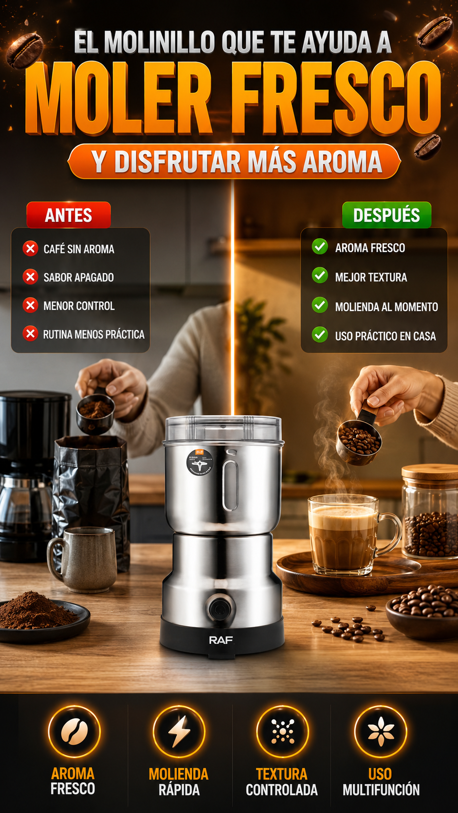 Molinillo Eléctrico de Café y Granos RAF R.7114 — Muele fresco en segundos
