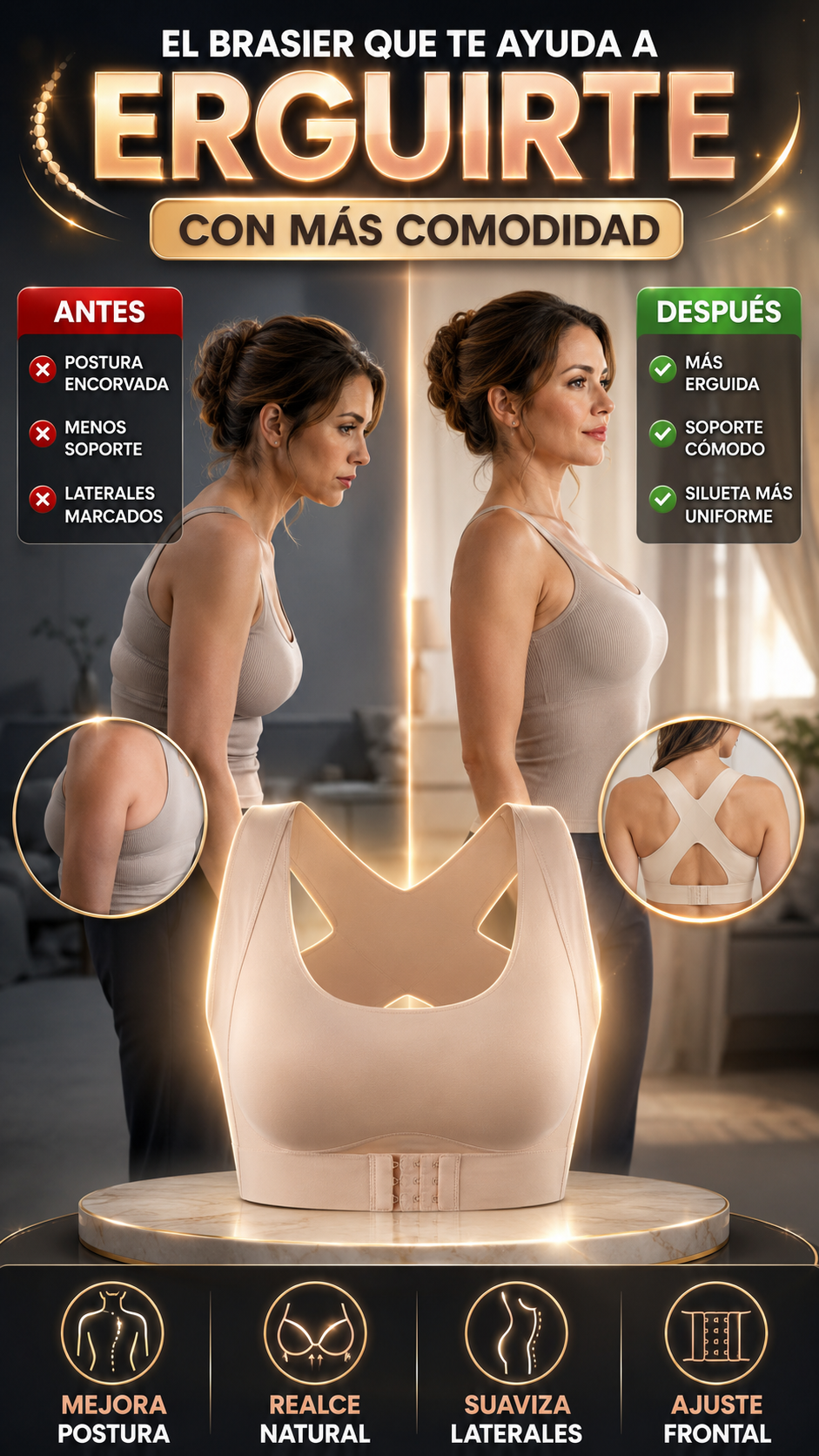 Brasier Corrector de Postura con Soporte Push-Up y Cierre Frontal