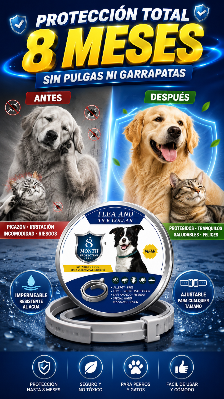 Collar Antipulgas y Antigarrapatas Ajustable — Protección prolongada y práctica