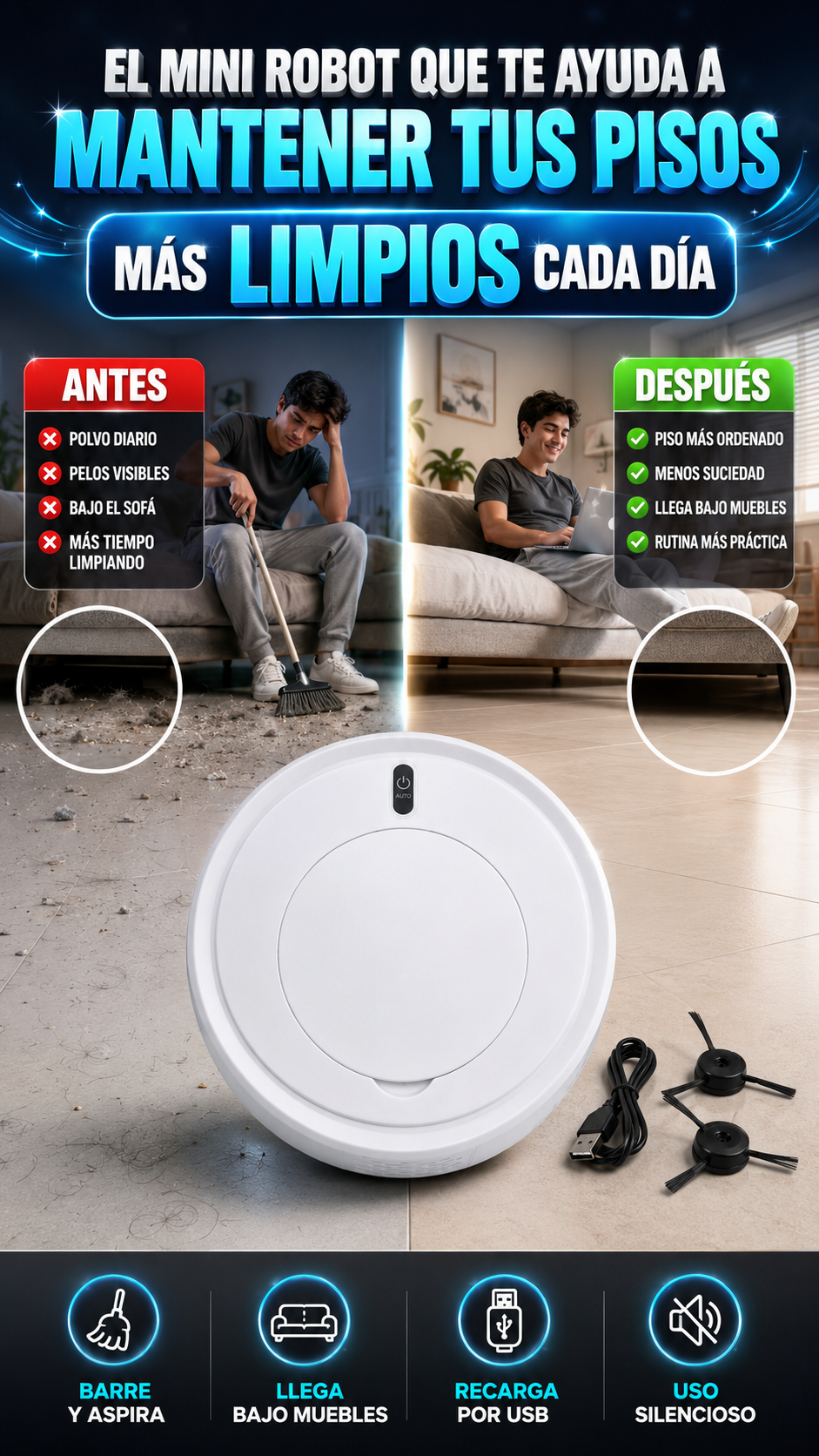 Mini Robot Aspirador 3 en 1 Recargable por USB — Mantén tus pisos limpios