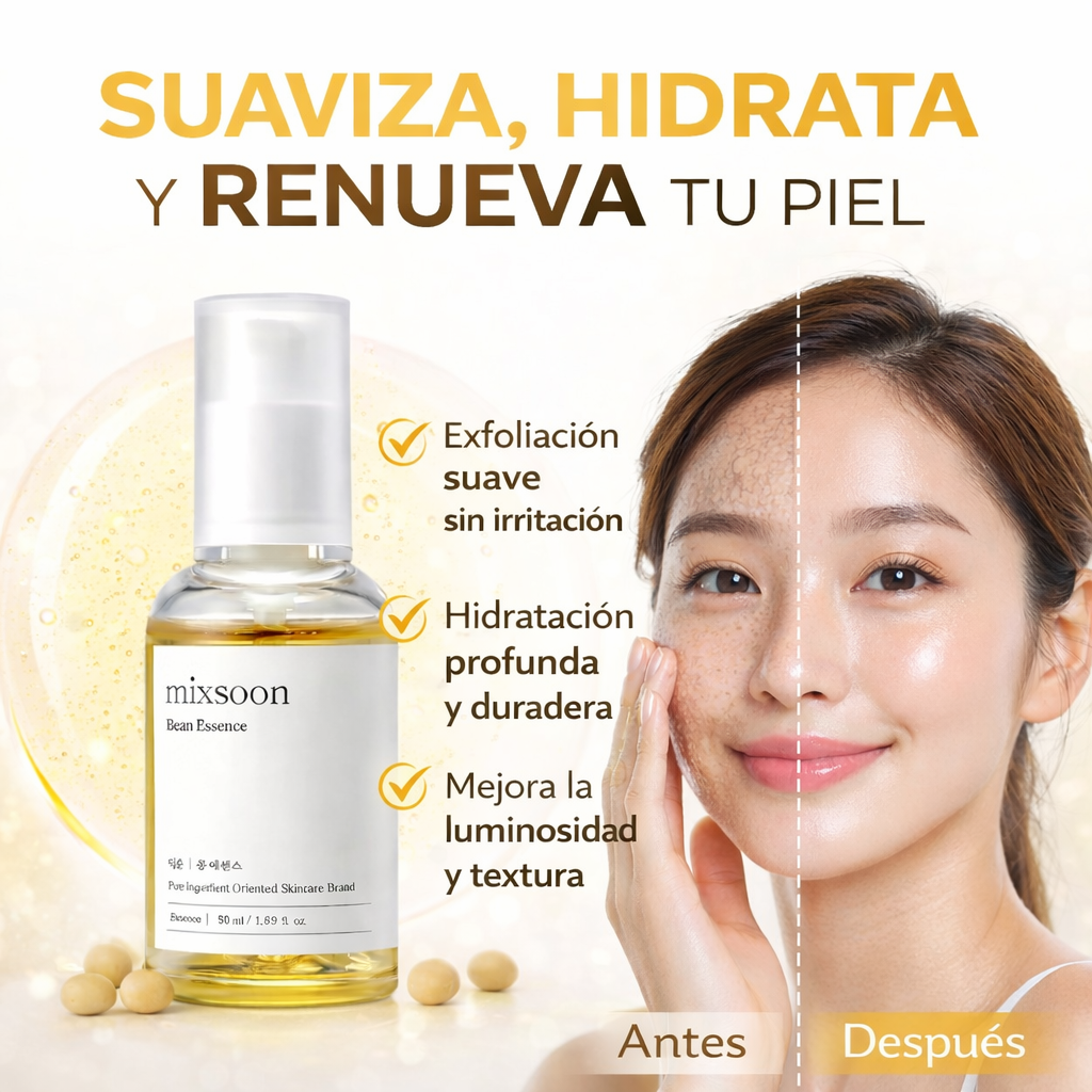 MIXSOON BEAN ESSENCE™ | Esencia facial diseñada para exfoliar suavemente, hidratar en profundidad y contiene Cebada, Soja, Granada.