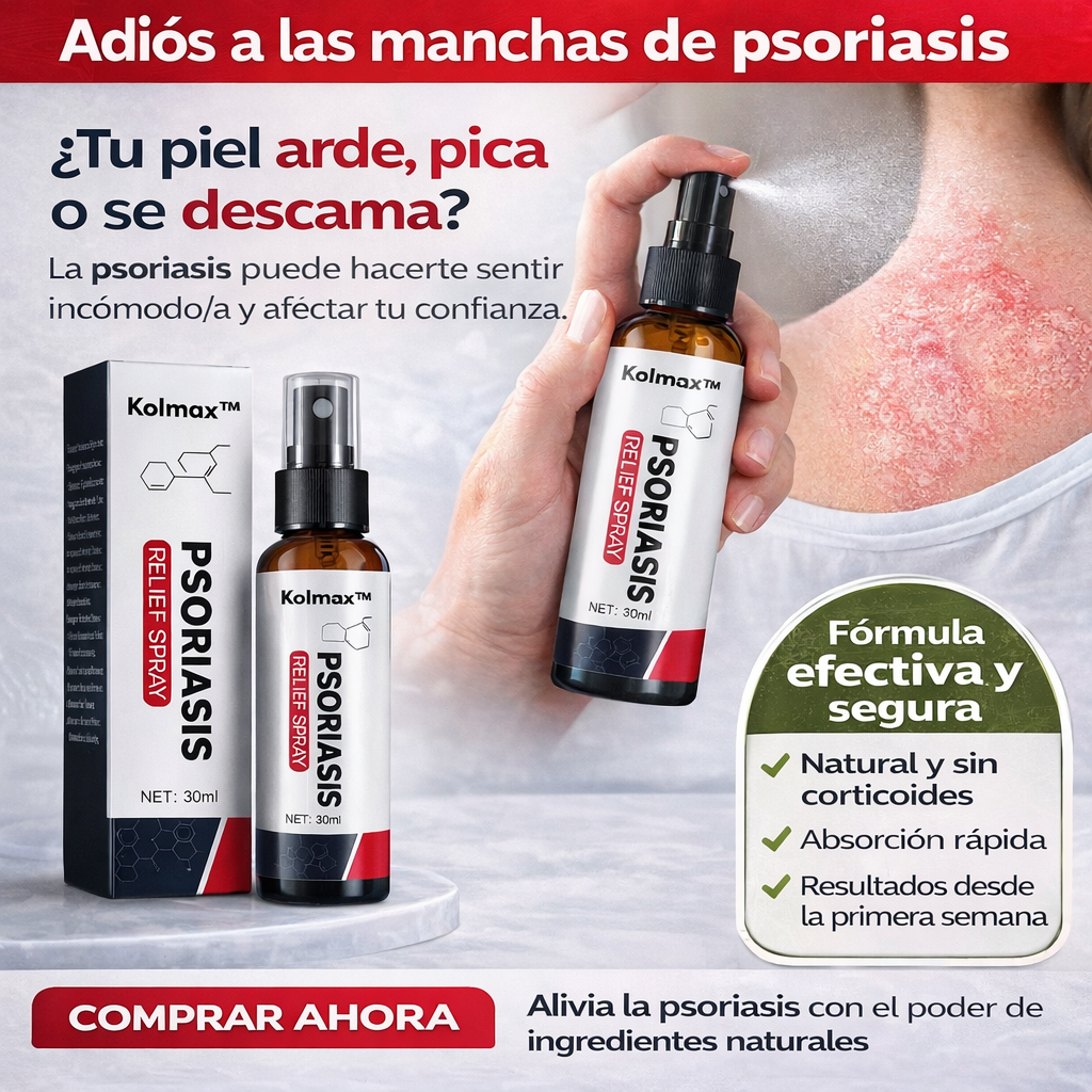 KOLMAX™ PSORIASIS RELIEF SPRAY | Solución avanzada para aliviar el ardor, picor y la inflamación de la piel afectada por la psoriasis contiene Aloe Vera, Uva de Oregón, Cúrcuma.