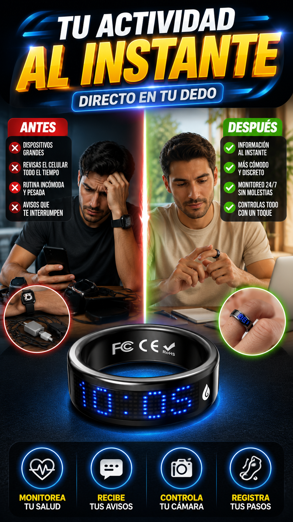 Anillo Inteligente SR16 con Pantalla LED — Consulta tu actividad desde el dedo