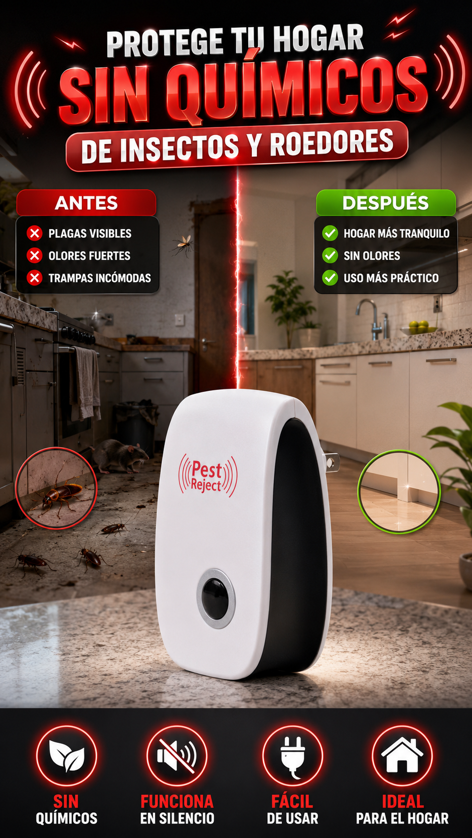 Repelente Ultrasónico de Plagas Pest Reject — Ayuda a alejar plagas sin químicos