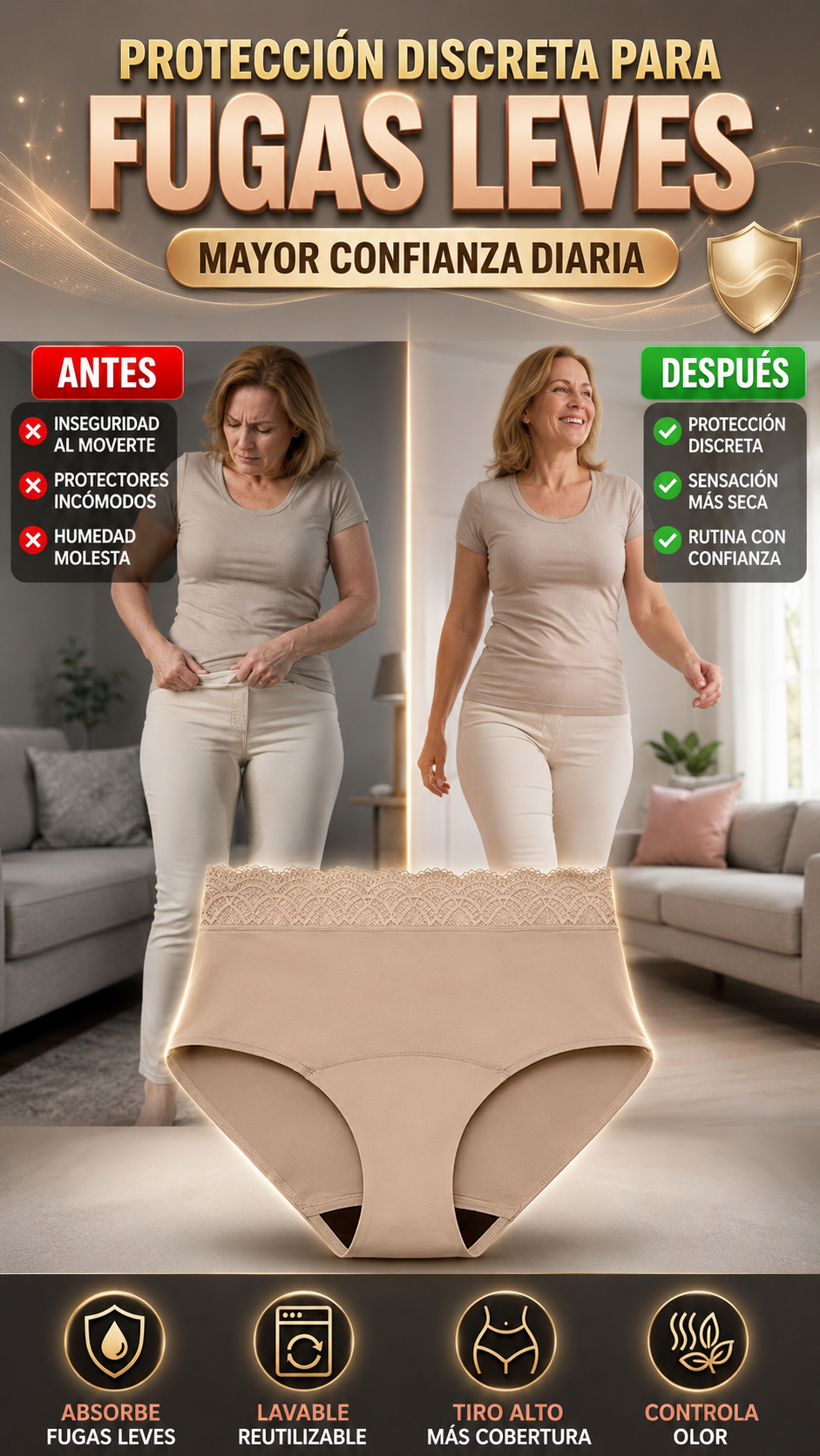 Ropa Interior Absorbente Lavable de Tiro Alto — Mayor confianza ante fugas leves