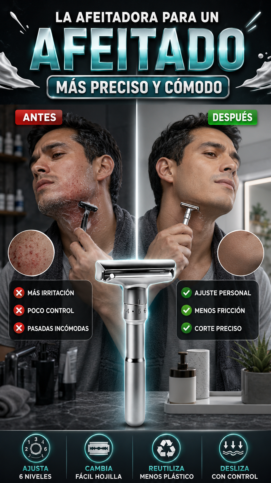 Afeitadora Clásica Ajustable de Doble Filo — Afeitado preciso con menos irritación