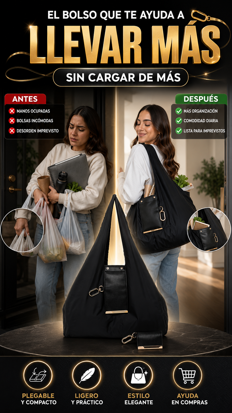 Bolso Tote Plegable con Llavero de Cuero Vegano — Lleva espacio extra siempre contigo